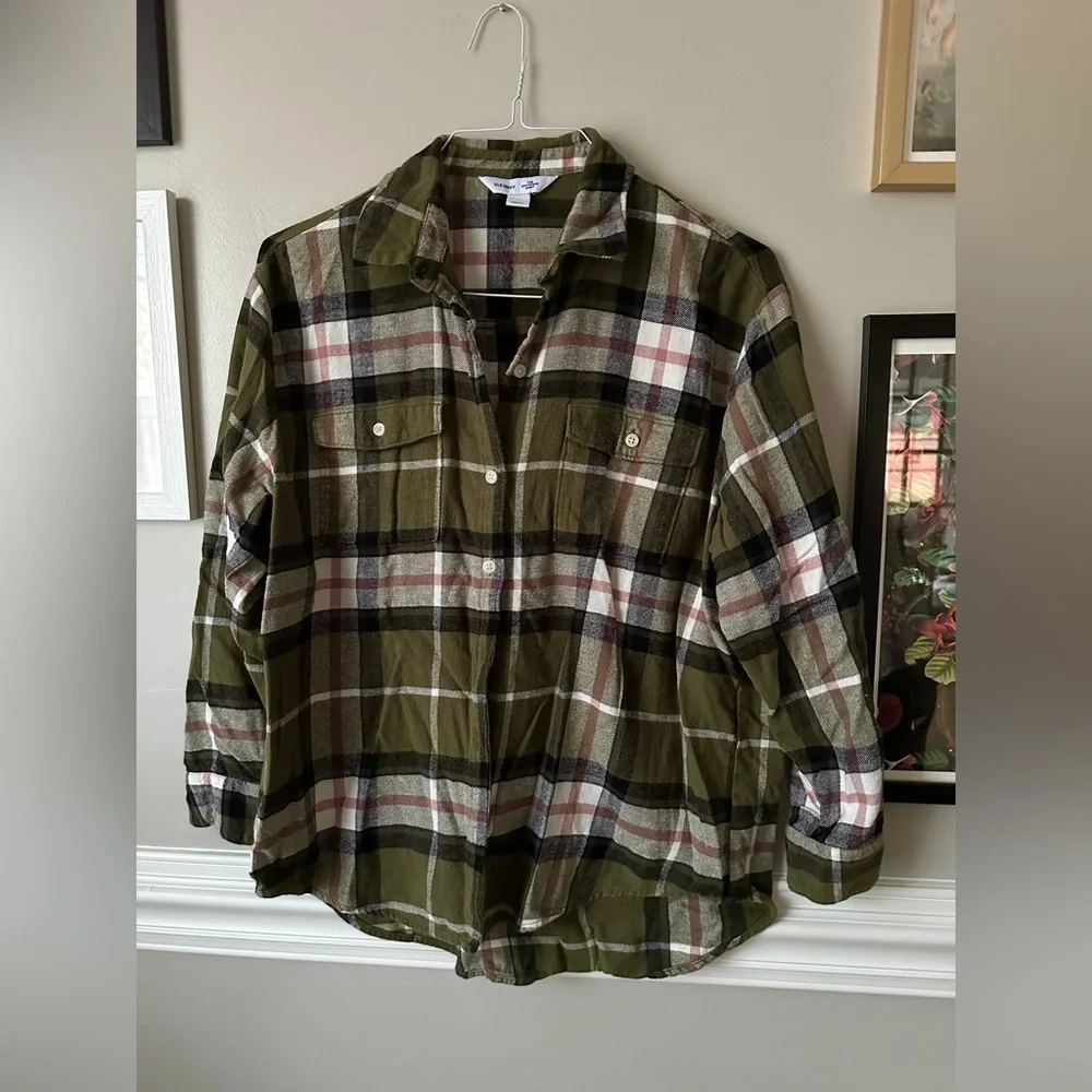 Old Navy Oversized Plaid Flannel Boyfriend Tunic Shirt, Olive Plaid, size L - Picture 3 of 4